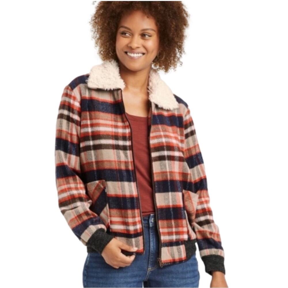 Knox Rose Women's Plaid Zip-Front Bomber Jacket Sherpa Collar Small